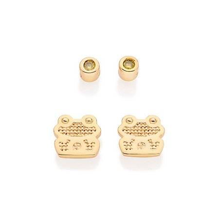 KIT BRINCOS FOLHEADO A OURO SAPO COM ZIRCÔNIA VERDE ROMMANEL 527296