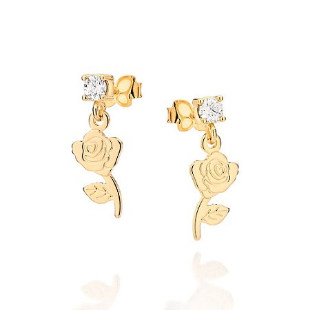 BRINCOS FOLHEADO A OURO ROSA DA BELA COM ZIRCÔNIAS. MED 2CM ROMMANEL 527294