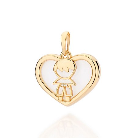 PINGENTE MENINO FOLHEADO A OURO CORAÇÃO COM ACRÍLICO BRANCO. MED 3CM ROMMANEL 542806