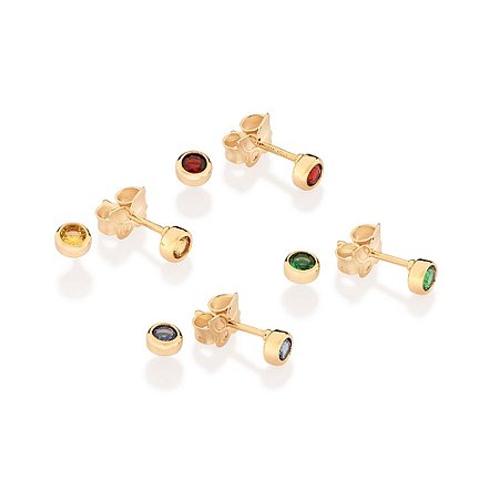 KIT BRINCOS SOLITÁRIO MIX DE EMOÇÕES FOLHEADO A OURO COM ZIRCÔNIAS COLORIDO ROMMANEL 527343