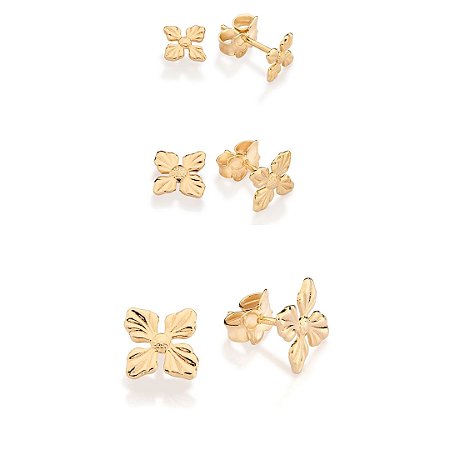 TRIO DE BRINCOS FLOR FOLHEADO A OURO ROMMANEL