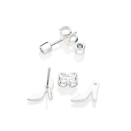 KIT BRINCOS PRATA 925 SOLITÁRIO + SAPATO CINDERELA ROMMANEL 820164