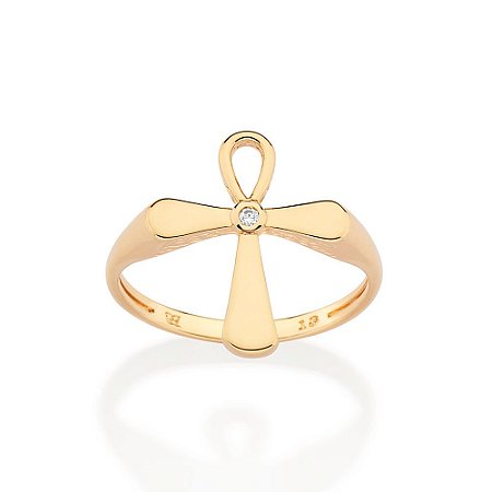 ANEL SKINNY FOLHEADO A OURO CRUZ COM ZIRCÔNIAS ROMMANEL 513517