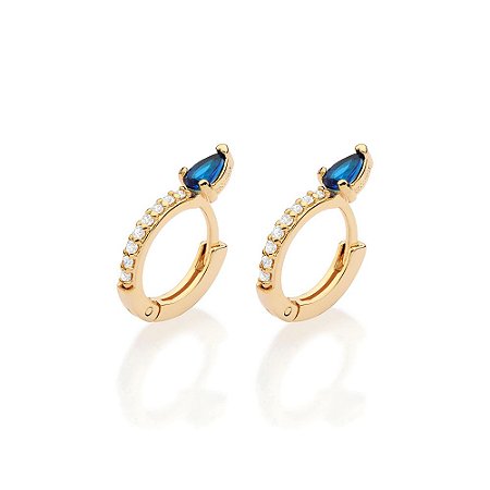 ARGOLA FOLHEADO A OURO GOTA COM ZIRCÔNIAS E CRISTAL AZUL. MED 1,6CM ROMMANEL 527357