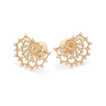 BRINCO MEIA FLOR FOLHEADO A OURO COM ZIRCÔNIAS. MED 2,5CM ROMMANEL 527380