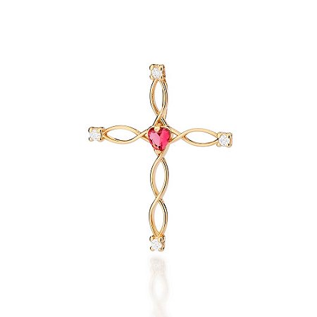 PINGENTE CRUZ FOLHEADO A OURO COM ZIRCÔNIA E CRISTAL ROSA. MED 3,3CM ROMMANEL 542916