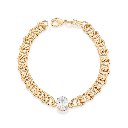 PULSEIRA FOLHEADO A OURO ELOS DUPLOS COM ZIRCÔNIA. MED 19CM ROMMANEL 552178