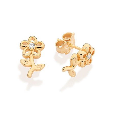 BRINCO FLOR FOLHEADO A OURO COM ZIRCÔNIA. MED 1,20CM ROMMANEL 527458