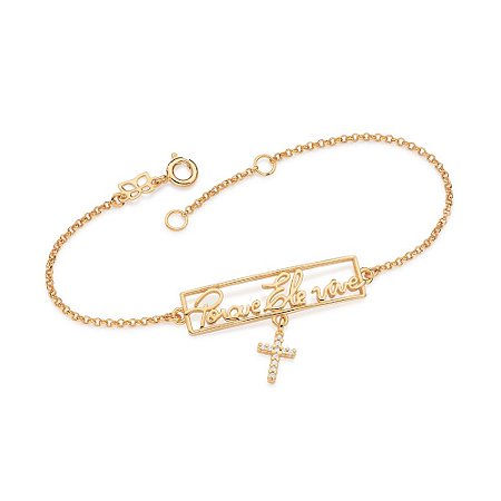 PULSEIRA CRUZ FOLHEADO A OURO COM FRASE "PORQUE ELE VIVE" COM ZIRCÔNIAS. MED 19CM ROMMANEL 552176