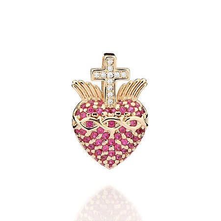 PINGENTE SACRADO CORAÇÃO FOLHEADO A OURO COM ZIRCÔNIAS ROSA COM BRANCO. MED 2CM ROMMANEL 542878