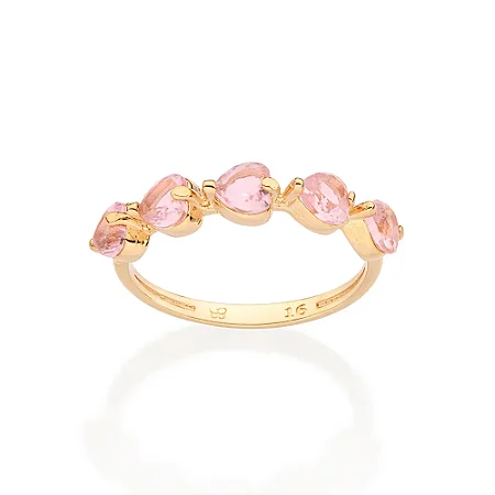 ANEL SKINNY FOLHEADO A OURO CORAÇÕES CRISTAL ROSA CLARO ROMMANEL 513519