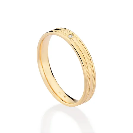 ALIANÇA FOLHEADO A OURO COM FRISOS E 1 ZIRCÔNIA 3MM ROMMANEL 513533