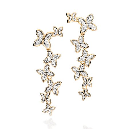 BRINCO PÊNDULO FOLHEADO A OURO COM ZIRCÔNIAS E APLIQUE DE RHODIUM BRANCO. MED 4,9CM ROMMANEL 527461