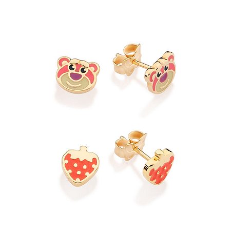 KIT BRINCOS ROSTO URSO LOTSO E MORANGO FOLHEADO A OURO COM APLIQUE DE RESINA ROMMANEL 527469