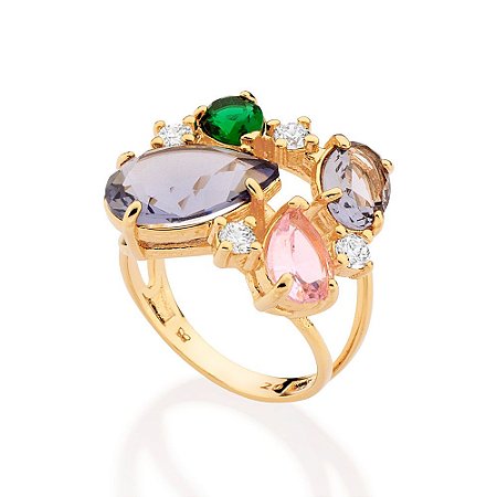 MAXI ANEL FOLHEADO A OURO COM ZIRCÔNIAS E CRISTAIS COLORIDOS ROMMANEL 513377