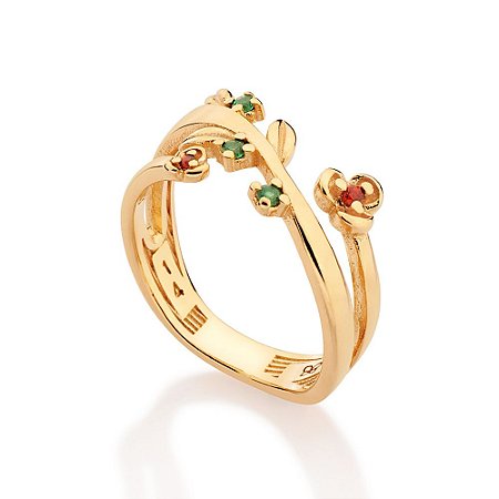 ANEL ARO DUPLO FLORES FOLHEADO A OURO COM ZIRCÔNIAS COLORIDO ROMMANEL 513578