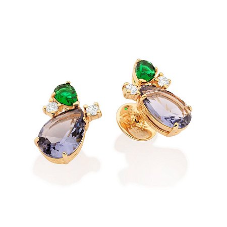 BRINCO GOTAS FOLHEADO A OURO COM ZIRCÔNIAS COLORIDO. MED 2CM ROMMANEL 527483