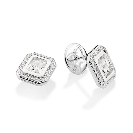 BRINCO RETANGULAR BOTÃO PRATA 925 COM ZIRCÔNIAS. MED 1,3CM ROMMANEL 820261