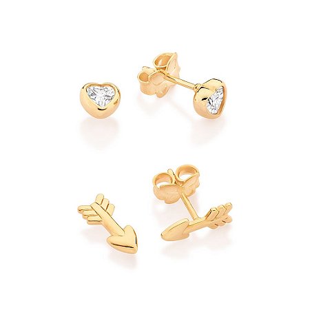 KIT BRINCOS FOLHEADO A OURO FLECHA E SOLITÁRIO CORAÇÃO ROMMANEL 527488