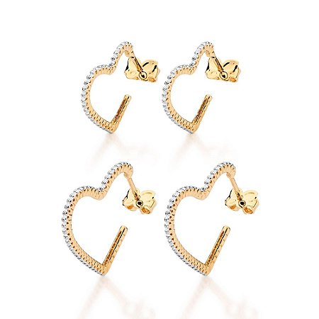 KIT BRINCOS CORAÇÃO FOLHEADO A OURO COM ZIRCÔNIAS ROMMANEL 527491