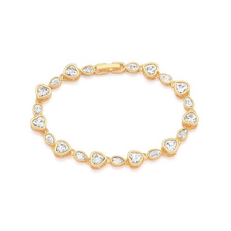 PULSEIRA FOLHEADO A OURO COM ZIRCÔNIAS CORAÇÕES E GOTAS. MED 17CM ROMMANEL 552199