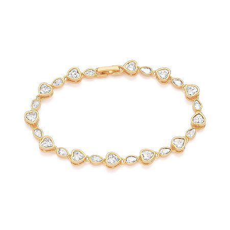 PULSEIRA FOLHEADO A OURO COM ZIRCÔNIAS CORAÇÕES E GOTAS. MED 19CM ROMMANEL 552200