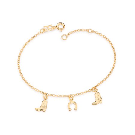 PULSEIRA FOLHEADO A OURO COM PINGENTES BOTAS E FERRADURA. MED 19CM ROMMANEL 552206