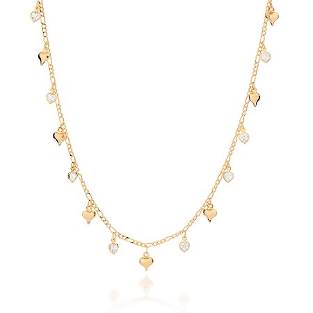 GARGANTILHA FOLHEADO A OURO CORAÇÕES COM ZIRCÔNIAS. MED 50CM ROMMANEL 532611