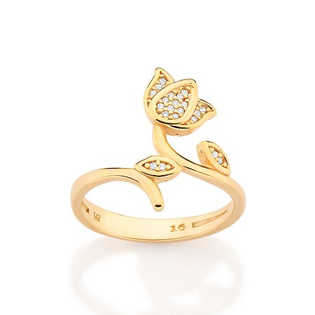 ANEL SKINNY FLOR TULIPA FOLHEADO A OURO COM ZIRCÔNIAS ROMMANEL 513588