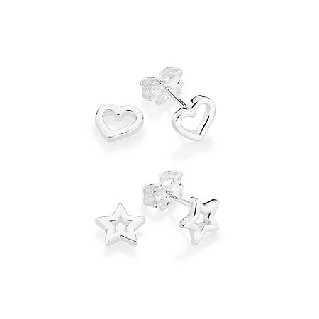 KIT BRINCOS PRATA 925 CORAÇÃO E ESTRELA ROMMANEL 820287