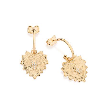 ARGOLA FOLHEADO A OURO CORAÇÃO E CRUZ COM ZIRCÔNIAS. MED 3,4CM ROMMANEL 527448
