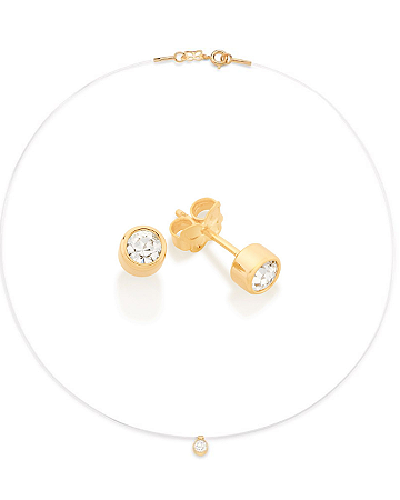 CONJUNTO GARGANTILHA FIO DE NYLON + BRINCO SOLITÁRIO ROMMANEL