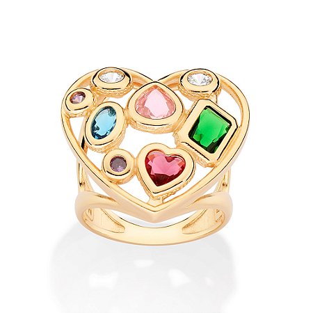 MAXI ANEL CORAÇÃO DE RETALHOS FOLHEADO A OURO COM ZIRCÔNIAS COLORIDAS ROMMANEL 513569