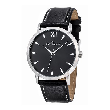 RELÓGIO ANALÓGICO SOCIAL PRATA COM PULSEIRA DE COURO SINTÉTICO PRETO ROMMANEL 650073