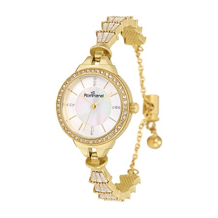 RELÓGIO ANALÓGICO SOCIAL DOURADO COM CRISTAIS ROMMANEL 650117