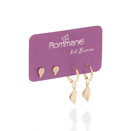 KIT BRINCOS FOLHAS FOLHEADO A OURO ROMMANEL 527530