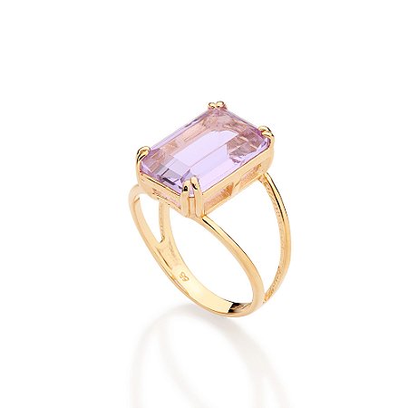 ANEL SOLITÁRIO FOLHEADO A OURO COM CRISTAL RETANGULAR LILÁS ROMMANEL 513595