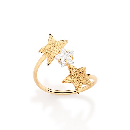 ANEL SKINNY FOLHEADO A OURO COM ESTRELAS E ZIRCÔNIA ROMMANEL 513596