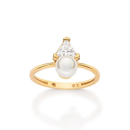 ANEL SKINNY FOLHEADO A OURO COM PÉROLA E ZIRCÔNIA ROMMANEL 513597