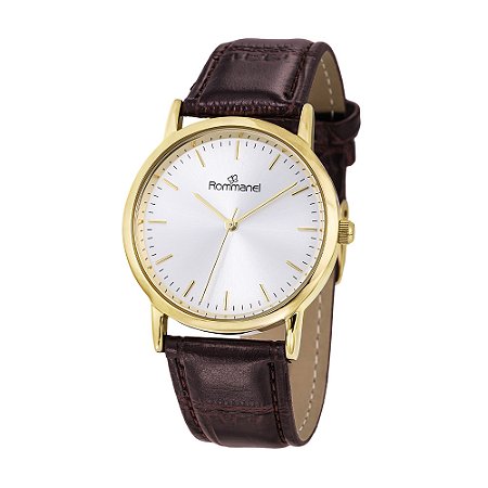 RELÓGIO ANALÓGICO SOCIAL DOURADO COM PULSEIRA DE COURO ROMMANEL 650130