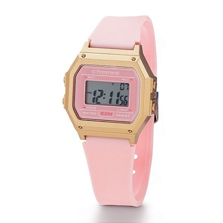 RELÓGIO DIGITAL RETANGULAR ROSA COM DOURADO E PULSEIRA DE SILICONE ROMMANEL 650165