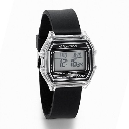 RELÓGIO DIGITAL RETANGULAR PRETO E PULSEIRA DE SILICONE ROMMANEL 650164