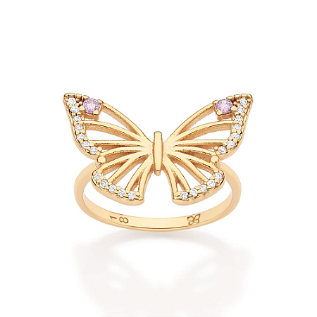 ANEL SKINNY FOLHEADO A OURO BORBOLETA COM ZIRCÔNIAS ROMMANEL 513634