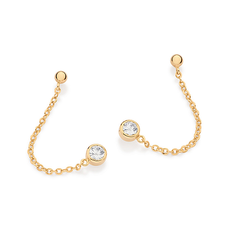 BRINCO PÊNDULO DUPLO FOLHEADO A OURO COM ZIRCÔNIAS. MED 5CM ROMMANEL 527592