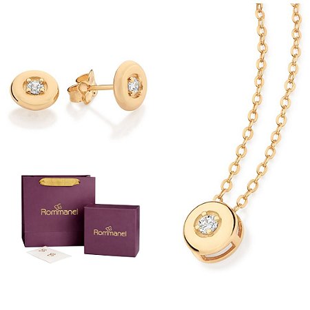 CONJUNTO REDONDO GARGANTILHA AJUSTÁVEL + BRINCO FOLHEADO A OURO + KIT EMBALAGEM ROMMANEL