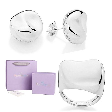 CONJUNTO ABSTRATO BRINCO BOTÃO + ANEL PRATA 925 + KIT EMBALAGEM ROMMANEL