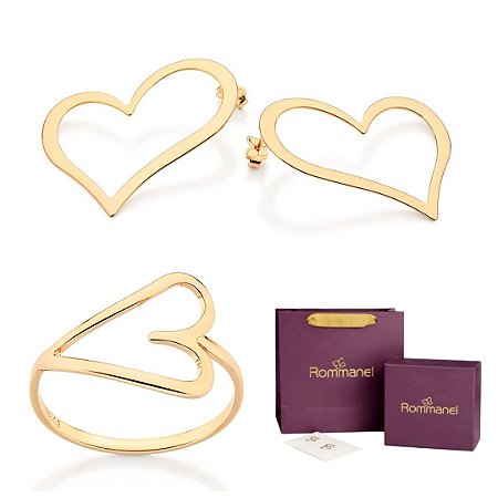 CONJUNTO CORAÇÃO VAZADO ANEL + BRINCO FOLHEADO A OURO + KIT EMBALAGEM ROMMANEL