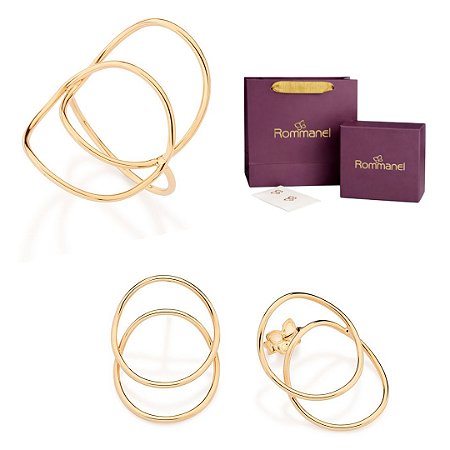 CONJUNTO CÍRCULOS VAZADOS ANEL + BRINCOS FOLHEADO A OURO + EMBALAGEM ROMMANEL