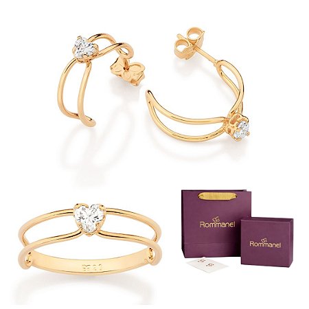 CONJUNTO CORAÇÃO COM ZIRCÔNIA ARGOLA + ANEL FOLHEADO A OURO + EMBALAGEM ROMMANEL