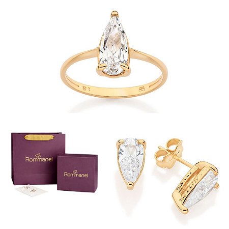 CONJUNTO SOLITÁRIO GOTA ANEL + BRINCOS FOLHEADO A OURO + EMBALAGEM ROMMANEL